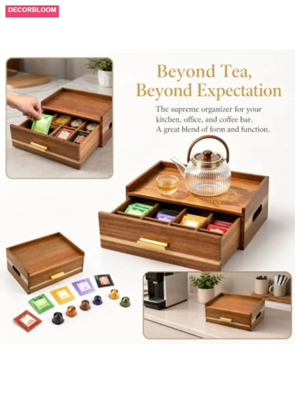 Acacia Wood Tea Bag Organizer Storage Box with Drawer 8 Compartment